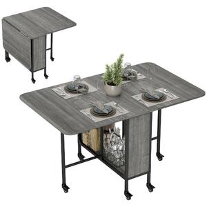 HOMCOM Masă Pliabilă, Rabatabilă pentru 4-6 Persoane cu Raft și 6 Roți, din Lemn și Metal, 130x80x74 cm, Gri | Aosom Romania