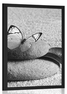 Poster fluture pe piatră Zen în design alb-negru