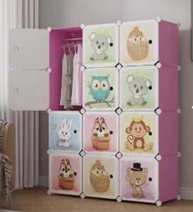 Dulap modular pentru copii, AT PERFORMANCE®, 12 rafturi, durabil, 76X37X147 cm, roz, animale