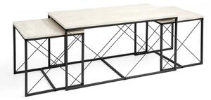 Set 3 masute cafea DEFNE, bej cu efect de marmura/negru, PAL melaminat