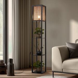 Lindby Lampadar Birta, negru/natur, raft, ratan, Negru, Camera de zi / sufragerie, Lemn, Modern