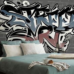 Tapet cu imitație de cărămidă și inscripție Street Art