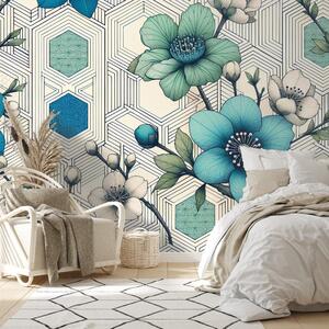 Tapet flori albastre cu fundal geometric