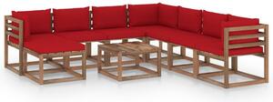 Set mobilier de grădină cu perne roșii, 9 piese
