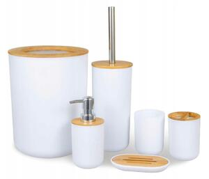 Set accesorii de baie Jumi, 6 piese alb cu accente din bambus, design modern