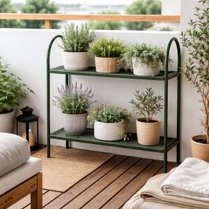Etajeră pentru balcon și terasă, cu 2 polițe, din metal culoarea verde închis, 60x22x58 cm