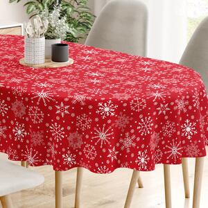 Goldea față de masă din bumbac - model 090 de crăciun - fulgi de zăpadă pe roșu - ovală 140 x 200 cm