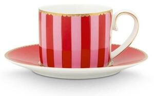 Cană espresso cu farfurioară, Pip Studio, 125ml, Stripes Red and Pink, colecția Love Birds