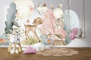 Autocolant de perete pentru copii, animale pe o pajiște magică 80 x 160 cm