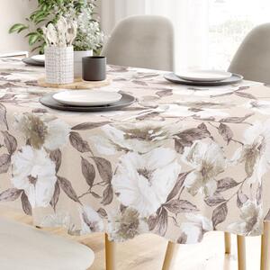 Goldea față de masă decorativă loneta - flori albe și maro cu frunze - ovală 120 x 160 cm