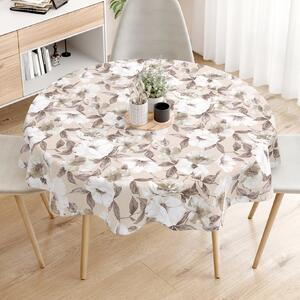 Goldea față de masă decorativă loneta - flori albe și maro cu frunze - rotundă Ø 140 cm
