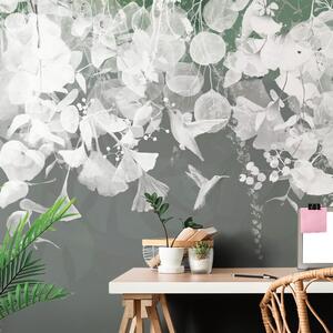 Tapet frunze gri-verzui cu colibri