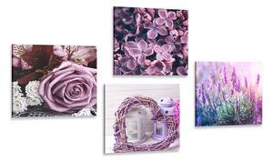 Set tablouri flori violete frumoase cu inimioară