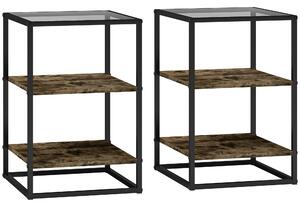 HOMCOM Set 2 Măsuțe cu 3 Niveluri și Bază Înălțată, Măsuțe din Lemn, Metal și Blat din Sticlă Călită, 37x40x55,5 cm, Maro | Aosom Romania