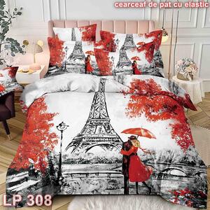 Lenjerie de pat, 1 persoana, finet, 150x200cm, cu elastic, 4 piese, 3D, alb si rosu, cu turnul Eiffel, LP308