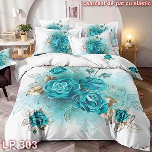 Lenjerie de pat, 1 persoană, finet, 150x200cm, cu elastic, 4 piese, 3D, alb , cu trandafiri albaștri, LP303