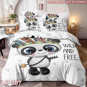 Lenjerie de pat, 1 persoana, finet, 150x200cm, cu elastic, 4 piese, 3D, alb , cu panda indian, LP307