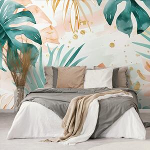 Tapet frunze tropicale verde-portocaliu