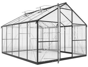 Seră de grădină Outsunny din aluminiu și policarbonat, 7,5㎡, cu ușă cu balamale, 2 ferestre reglabile, sistem de drenaj, anti-UV, 304x247x205cm, negru | Aosom Romania
