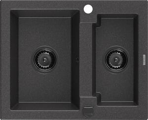 Mexen Carlos, chiuvetă din granit 582x475x177 mm, 1,5 camere, pete negre cu sifon negru, 6518581500-76-B