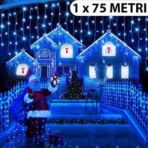 Instalatie de Craciun, franjuri cu flash, cu led tip turturi, fir gros, exterior, albastru, 75 metri