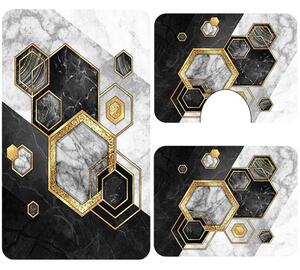 Set covoare baie antiderapante, 3 piese, model geometric marmura cu accente aurii