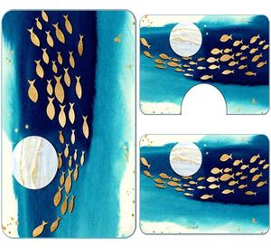 Set covoare baie antiderapante, 3 piese, model pesti aurii decorativi