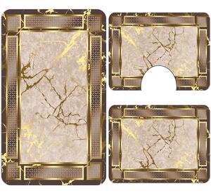 Set covoare baie antiderapante, 3 piese, model bej cu rama decorativa aurie