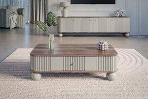 Măsuță de cafea Vesper 103x60 cm cu sertar - cașmir / nuc / mânere aurii / picioare sferice