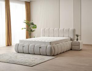 Boxspring ~ZARO~ lada de depozitare, saltea cu topper, culoare bej, material boucle 160x200 cm