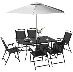 Outsunny Set de grădină cu Masă, 6 Scaune Pliante și Umbrelă de Soare cu Manivelă, Set pentru Exterior din 8 piese, 140x90x70 cm, Gri