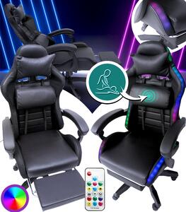 Scaun de gaming LED cu suport pentru picioare pliabil și funcție de masaj - negru