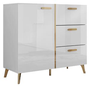 Comodă Comfivo Teslomo 108Alb, De aur, Alb lucios, Cu sertare și uși, 92x100x38cm