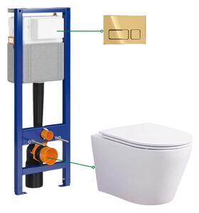 Set vas wc rimless suspendat, asimetric, cu capac softclose, Foglia Oslo, rezervor incastrat si clapeta aurie Cersanit Block