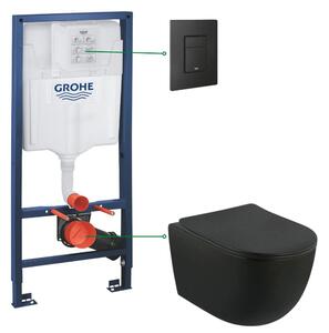 Set vas wc rimless suspendat negru mat cu capac soft close Foglia, rezervor incastrat Grohe Solido 3 in 1 cu clapeta neagra mata Even
