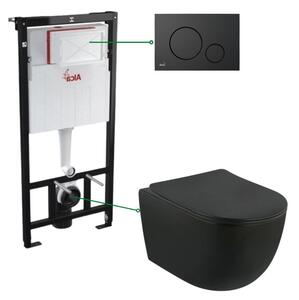 Set vas wc suspendat rimless cu capac soft close Oslo, rezervor incastrat si clapeta negru mat Alcaplast