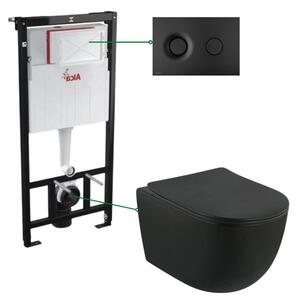 Set vas wc suspendat negru rimless cu capac, rezervor si clapeta negru mat Alcaplast M1978