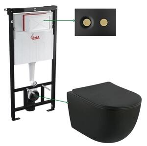 Set vas wc negru suspendat rimless cu capac, rezervor si clapeta negru auriu mat Alcaplast M1978-7