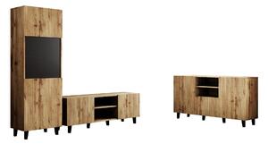 Set de living Comes I, Negru, Stejar Wotan, Sticlă călită, MDF, PAL laminat, 138 kg