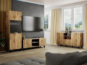 Set de living Comes I, Negru, Stejar Wotan, Sticlă călită, MDF, PAL laminat, 138 kg