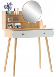 Masa de toaleta/machiaj din lemn, oglinda rotunda, 2 rafturi, 2 sertare, 40 x 120 x 80 cm
