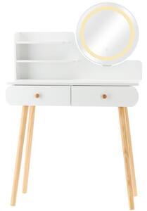 Masa de toaleta cu oglinda LED, 3 moduri iluminare, sertare si rafturi, lemn, alb