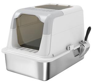 PawHut Litieră pentru pisici cu 2 intrări, deodorant și lopățică Alb și gri | Aosom Romania