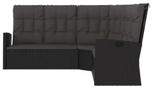 Canapea de colț rabatabilă cu perne, negru, poliratan