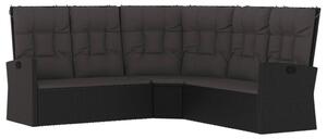Canapea de colț rabatabilă cu perne, negru, poliratan