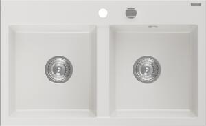 Mexen Hektor, chiuveta granit cu 2 camere 800x480x205 mm, alb, sifon crom, 6521802000-20