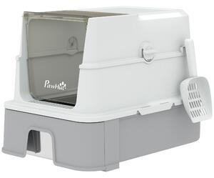 PawHut Litieră Acoperită 3 în 1 pentru Pisici, 68 L, cu Capac, Tavă Detașabilă din Oțel Inoxidabil, Lopățică, Alb și Gri | Aosom Romania