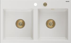 Mexen Hektor, chiuvetă granit cu 2 camere 800x480x205 mm, alb, sifon auriu, 6521802000-20-G