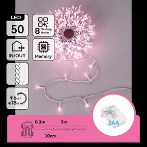 Aigostar - instalație luminoasă LED de exterior pentru Crăciun, 50 LED/8 funcții, 3xAA, 5,3 m, IP44, roz