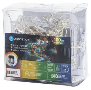 Aigostar - Instalație luminoasă de Crăciun LED pentru exterior, 100 LED-uri/8 funcții, 3xAA, 3,3 m, IP44, multicoloră